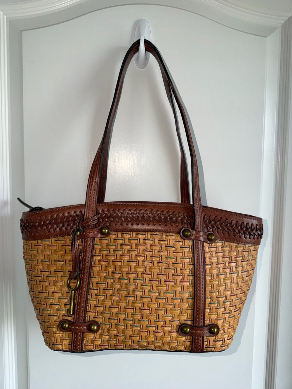 Fossil Woven Straw Leather Tote Shoulder Bag Brown Boho Western